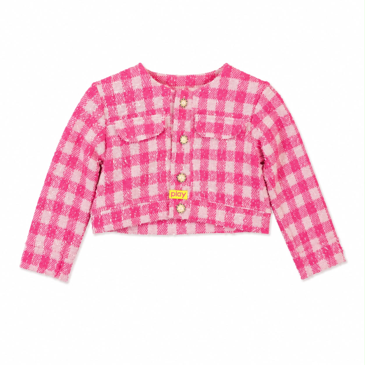 Sweater corta para bebé cuadros rosa play ground